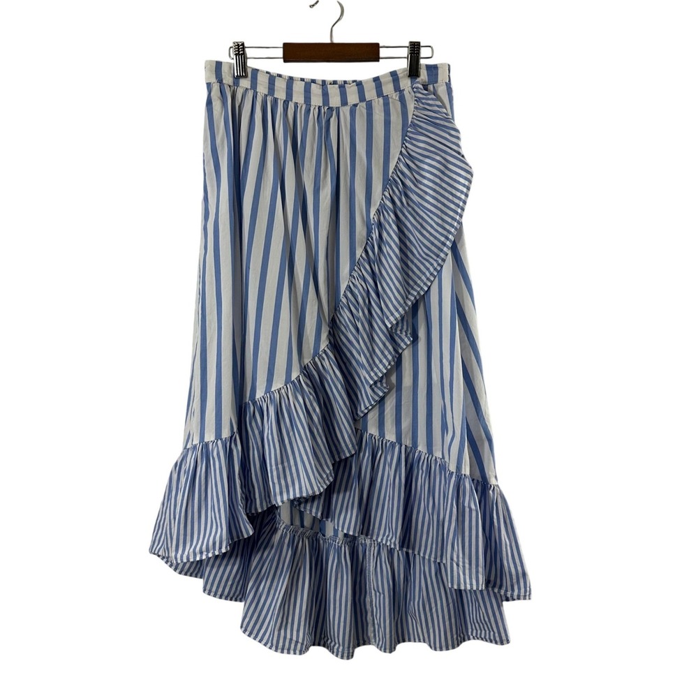 Who What Wear Blue White Striped Ruffle High-Low‎ Midi Skirt Small Cotton Womens